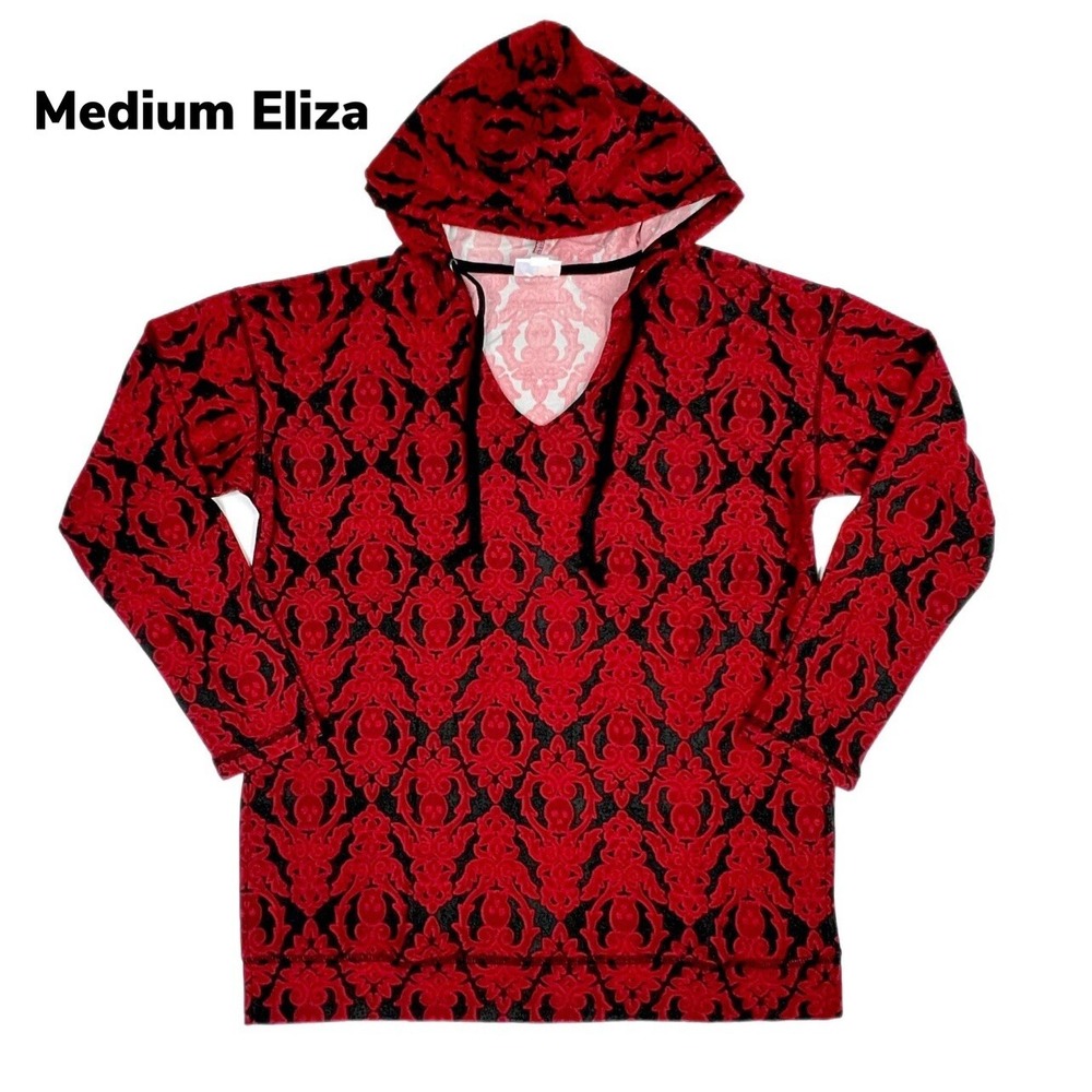 Medium LuLaRoe Eliza Hooded Top Halloween Red Black Skulls Filigree Fits 10/12